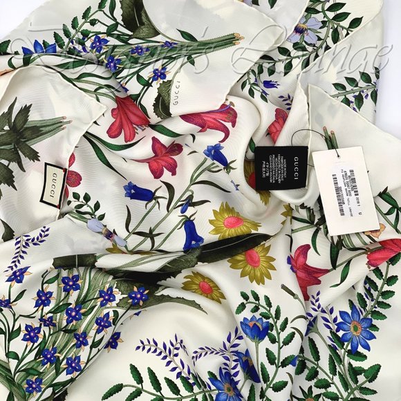 NWT GUCCI Flora Silk Twill Multicolor Logo 34" Square Scarf $495 Authentic - Picture 7 of 8